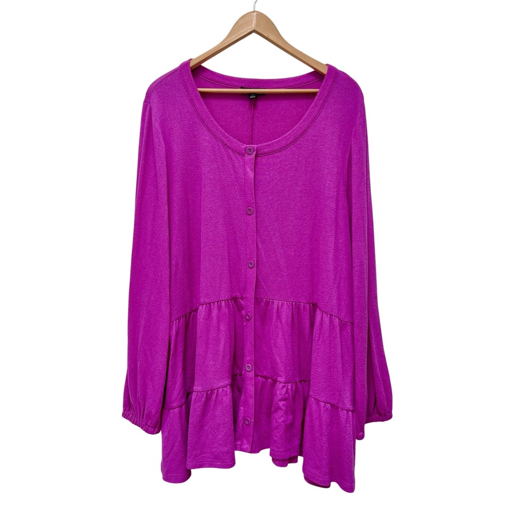 Lane Bryant Tiered Ruffle Button Down Top Long Sleeve Purple Feminine Boho